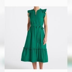 41 Hawthorne Belted Midi Dress Green Tiered Ruffle Size L